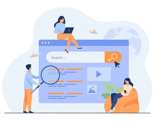 People using search box for query People using search box for query, engine giving result. Vector illustration for SEO work, SERP, online promotion, content marketing concept